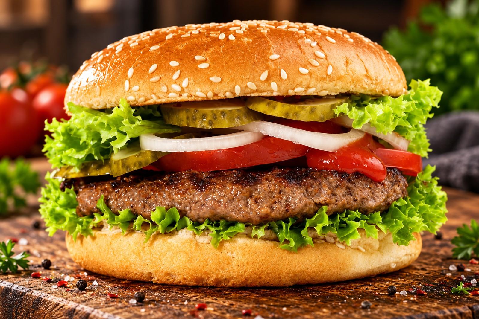 Klassischer Sesam-Burger mit Fleisch und Belag