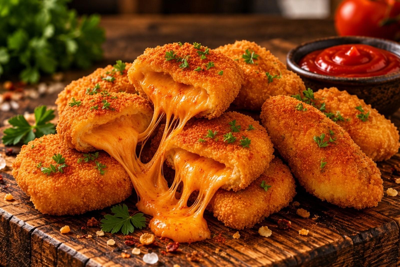 Goldene Chilli Cheese Nuggets mit geschmolzenem Chilli-Käse
