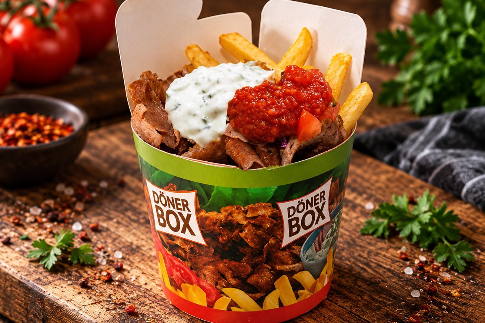 Döner Box mit Fleisch, Pommes und Sauce