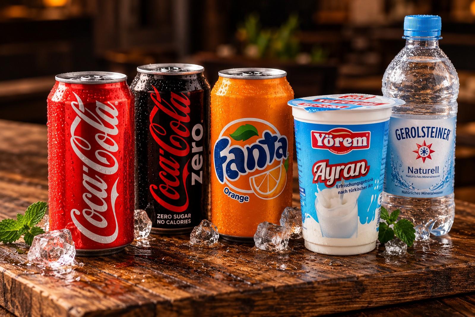 Getränkeauswahl mit Cola, Zero, Fanta, Ayran und Wasser