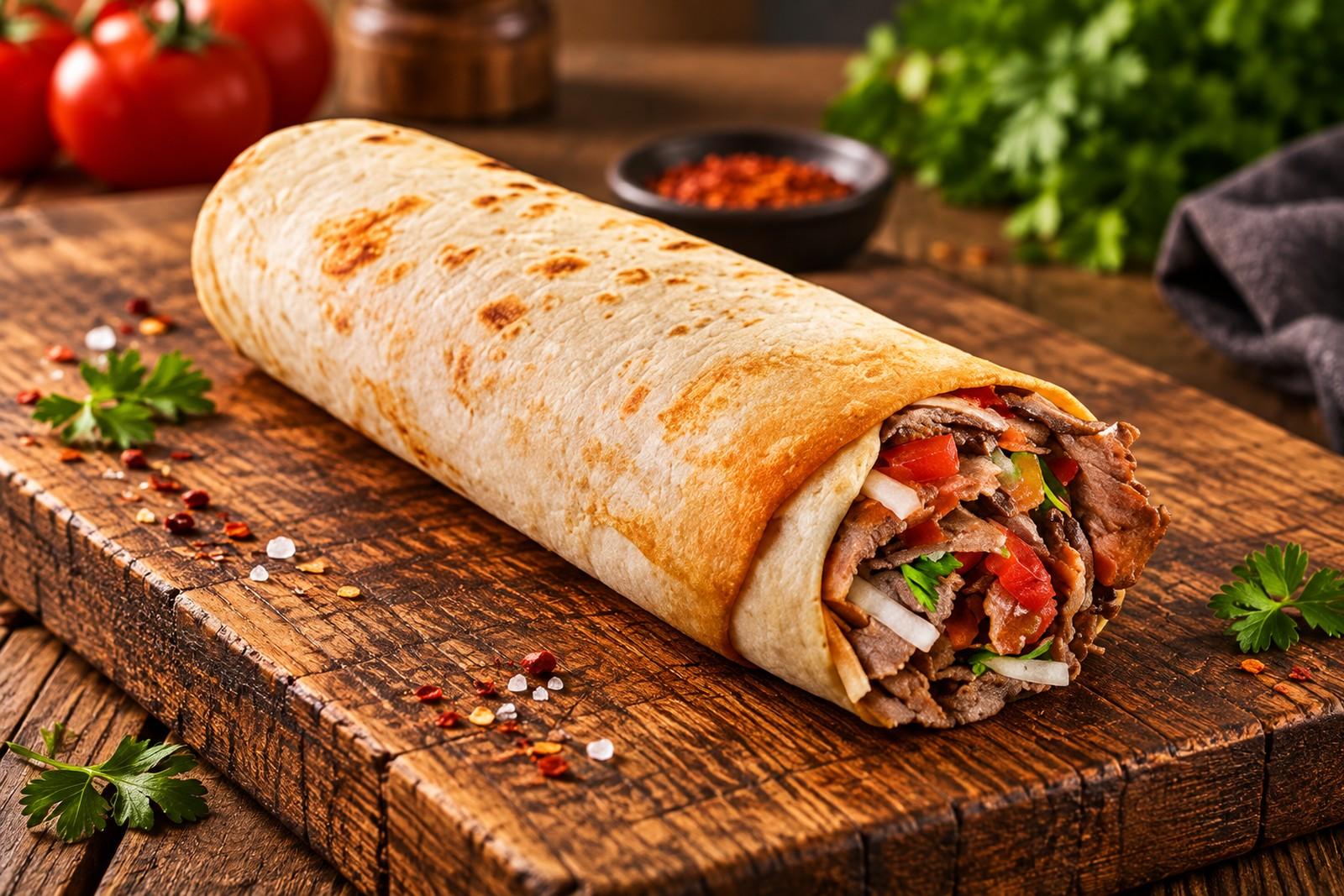 Dürüm Döner mit Fleisch und Salat im gerollten Fladenbrot