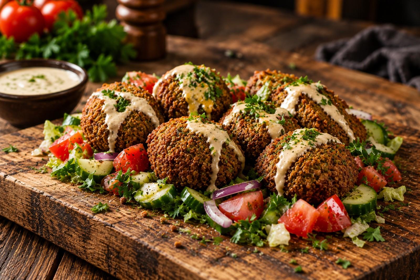 Falafel-Teller mit Falafelbällchen, Salat und Beilagen