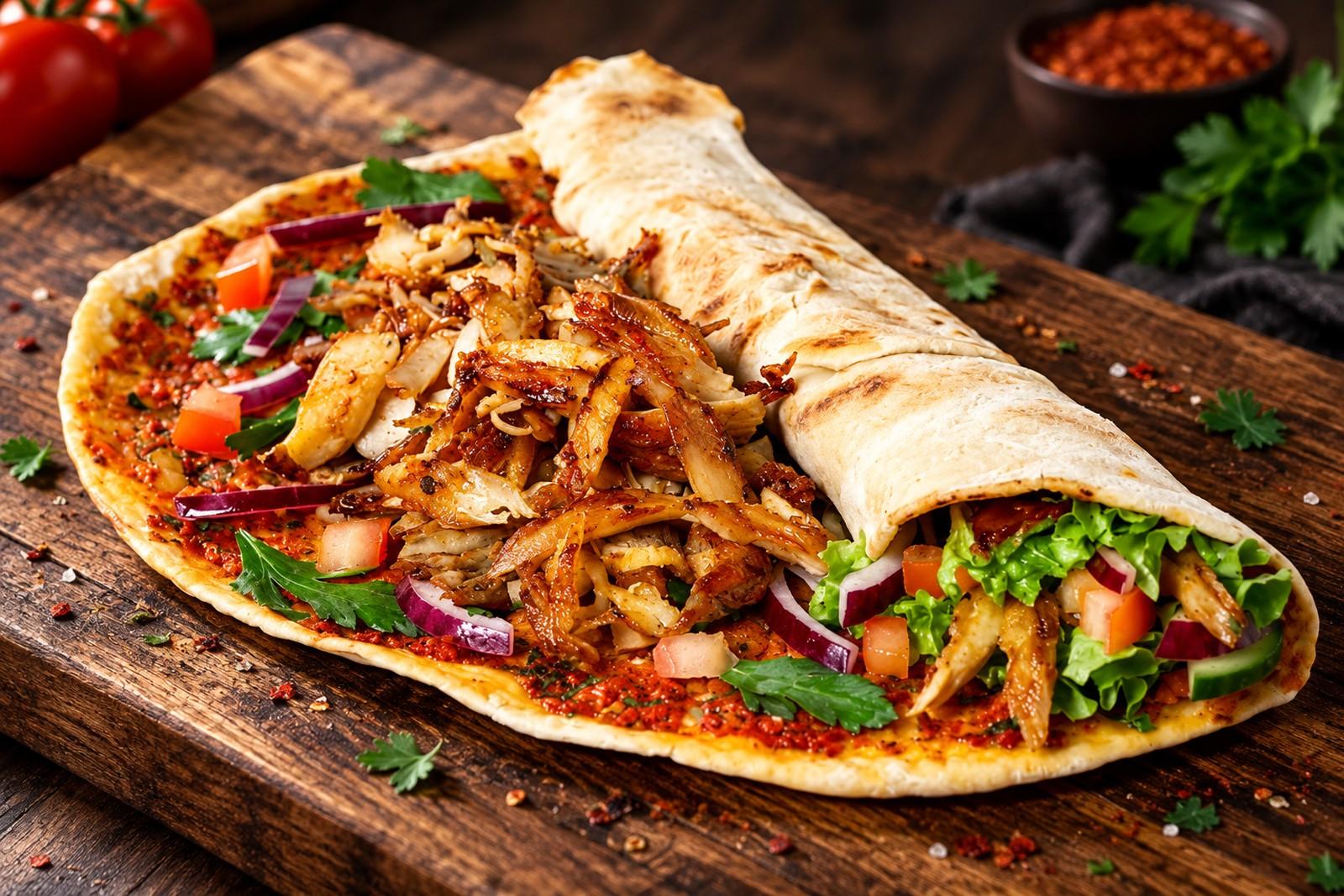 Lahmacun mit Dönerfleisch, halb eingerollt