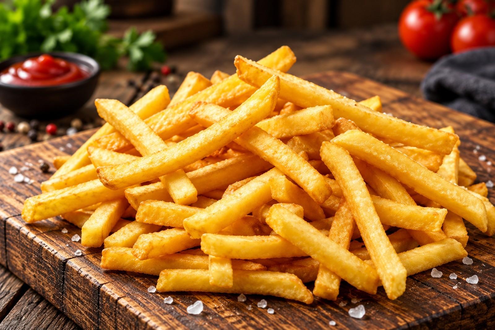 Goldene Pommes frites im roten Becher