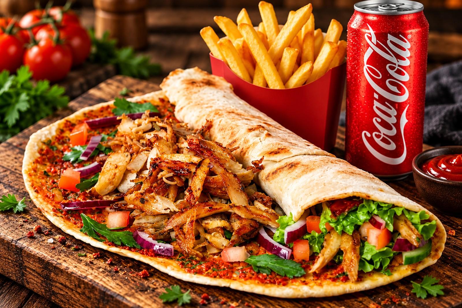 Lahmacun Menü mit Pommes und Coca-Cola
